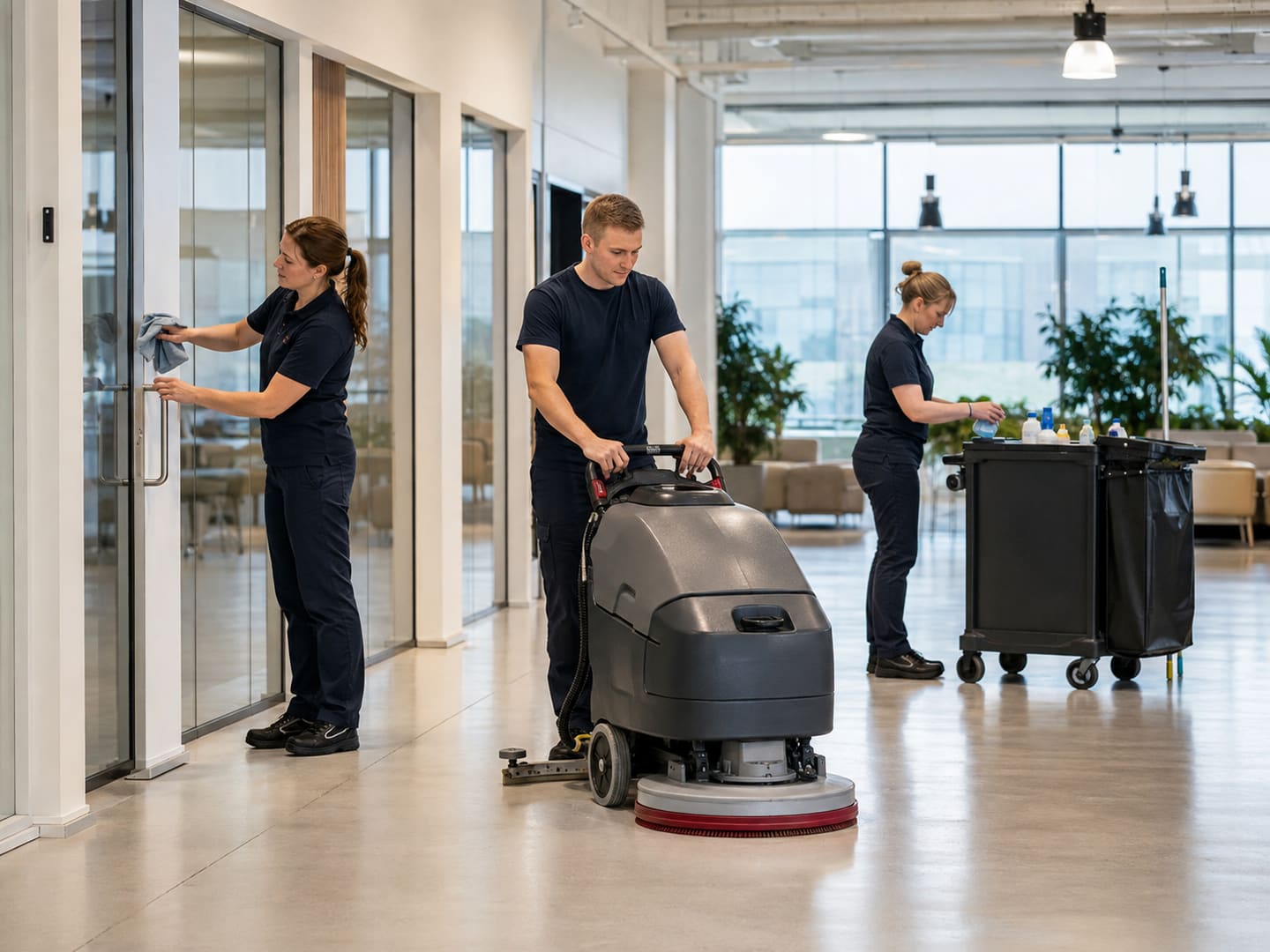 Tre medarbejdere fra Point Solutions i uniform rengør et kontorlandskab